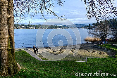 MERCER ISLAND, WA, USA â€“ JANUARY 17, 2022: Luther Burbank Park, swim beach on Lake Washington on a sunny winter day Editorial Stock Photo